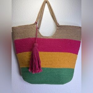 Jute Woven Multicolor Tote Carryall | Boho Market Bag-Large Textured Summer Tote